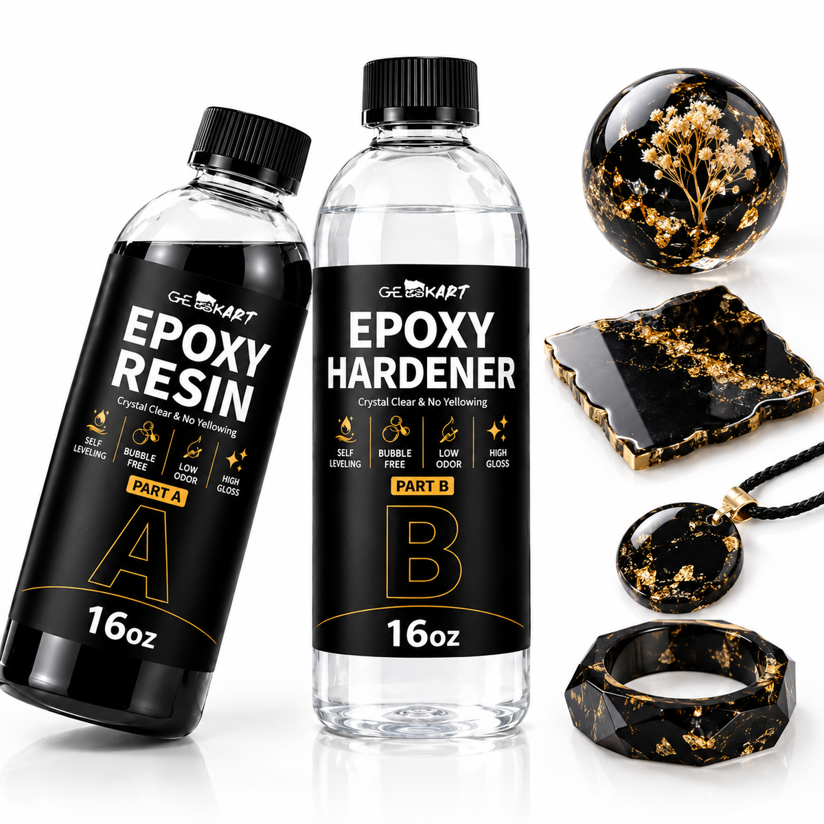 GEEEKART Black Epoxy Resin, 1:1 Self-Leveling, 16/32 oz